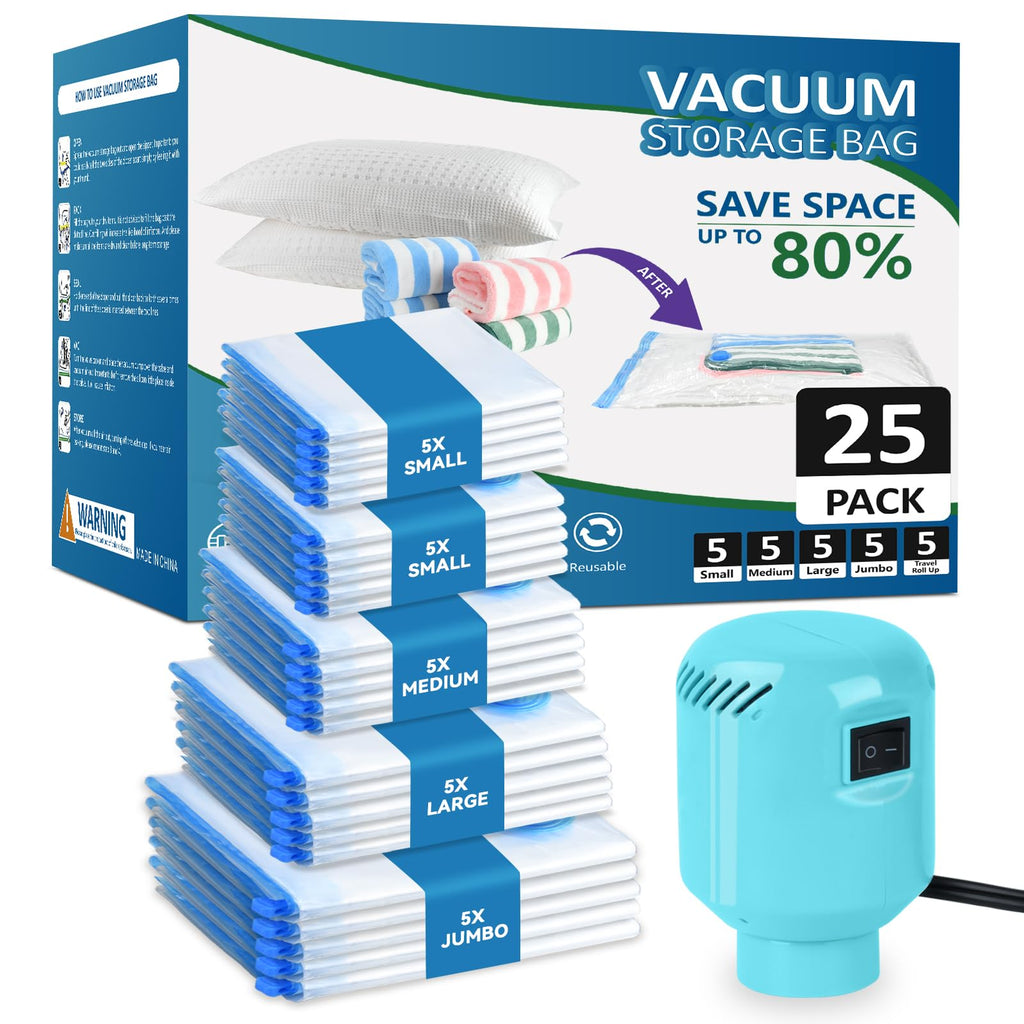 HOTBAG Large Vacuum Storage Bags with Electric Pump 25Pack(5 Jumbo/5 Large/5 Medium/5 Small/5 Roll Up Bags) Vacuum Seal Bags For Clothing Travel PackingBlanketDuvetsPillowsComforters