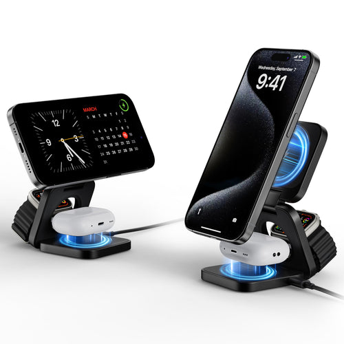 3-in-1 Wireless Charger Stand LULULOOK 15W Magnetic Charger Wireless Fast Charging Station for iPhone 16/15/14 Series Aluminum 5W Charger for Apple Watch AirPods USB-C Charging Cable Included