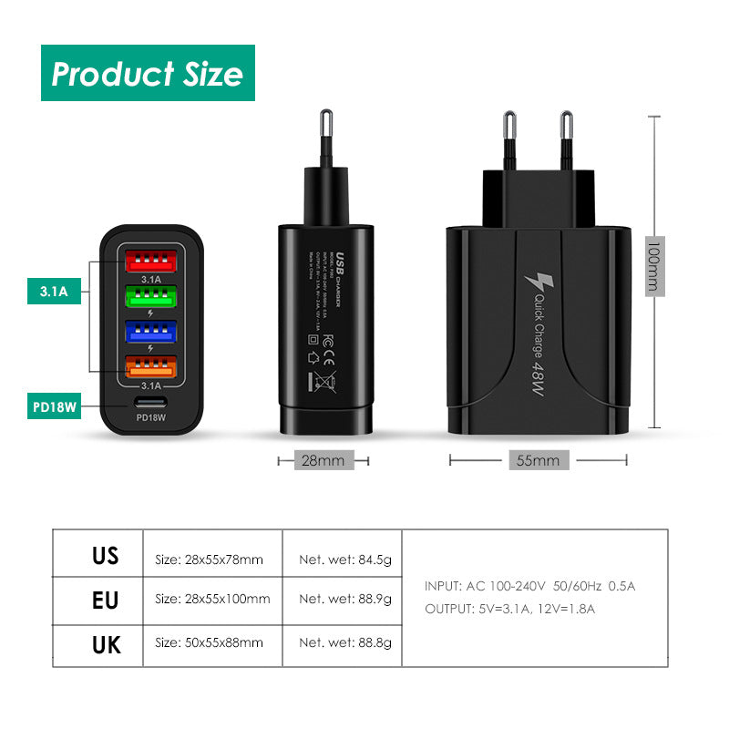 4USB PD18W 5-in-1 Multi-Interface Fast Charger 48W