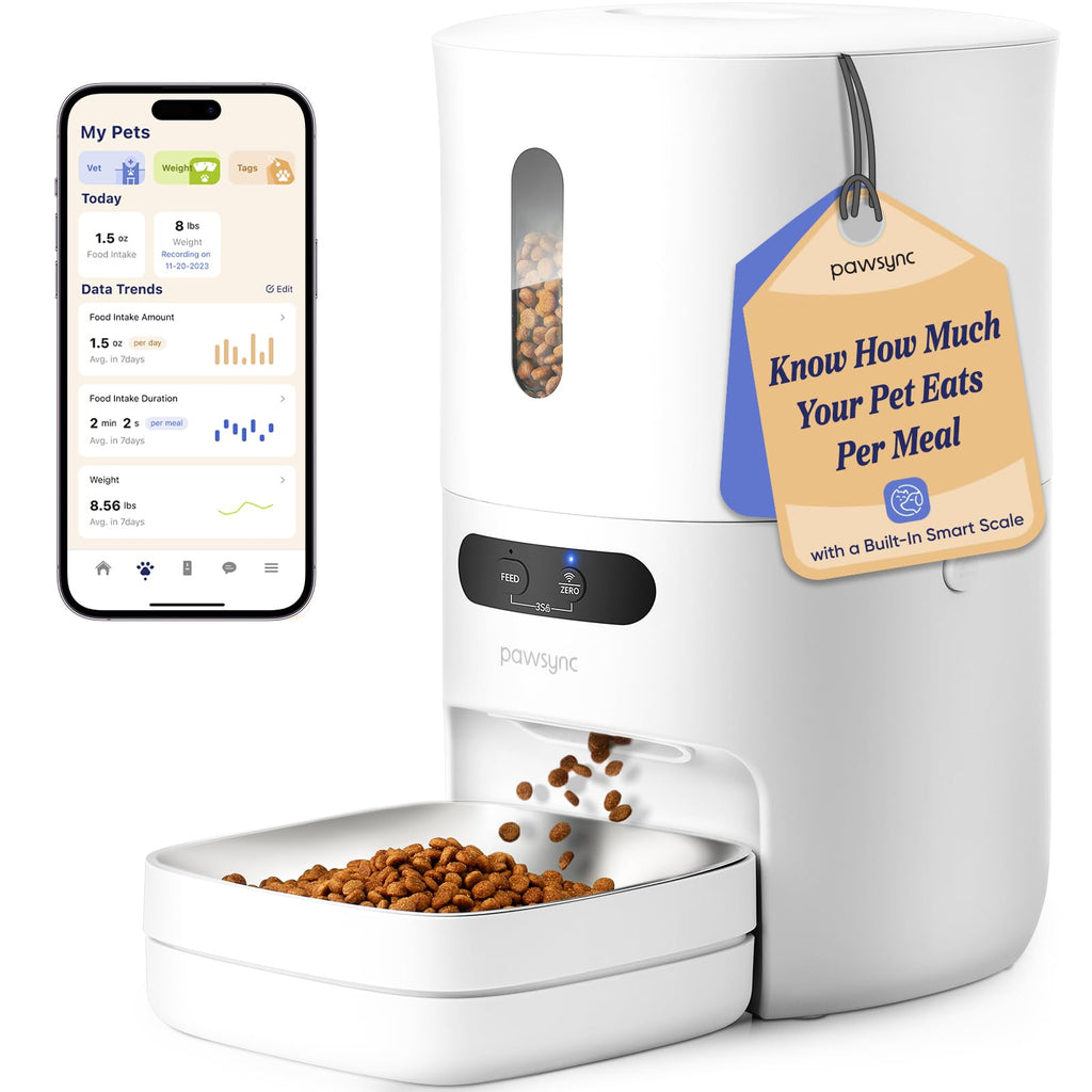 Pawsync Automatic Cat Feeder Smart Scale Tracks Pets Food Intake App Remote Feeding 3.6L Timed Food Dispenser for Cats and Dogs Up to 10 Meals Per Day Stainless Steel Bowl Dual Power Supply